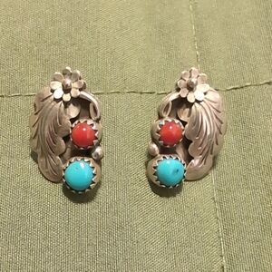 Vintage Sterling Silver Turquoise & Coral Earrings – Southwestern Floral Design